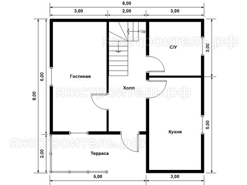 ДК-24 - каркасный дом 8х8 - планировка 1 этажа